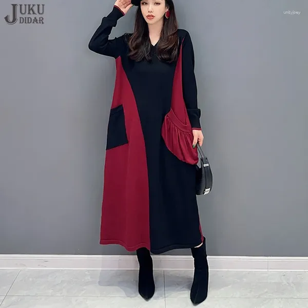 Повседневные платья Красный Черный Лоскутный Контрастный Цвет Дизайн Зимнее Женское Длинное Платье Корейский Стиль Свободный крой Большой Размер Большой Халат JJXD652
