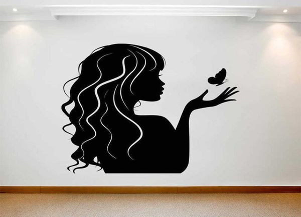 Schönheitssalon Wandaufkleber Mädchen Schmetterling Haarhaarhaardesse Schild Fenster Kunstdekor Vinyl Abziehbilder Abnehmbares Transfer Wandbild A452 29784670