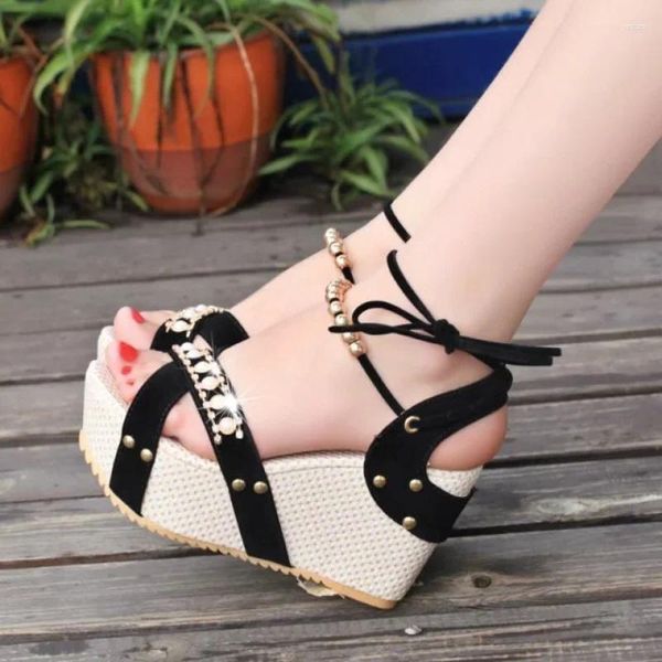 Sandalen Comem Frauen mit Riemen High Heel String Bead Schuhe Wedges Heels 2023 Schwarz Süße Plattform Mode Sommer Elegant Beige