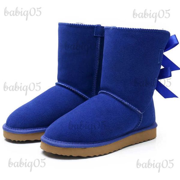 Botas dois bowknot couro genuíno 2023 mulheres botas de neve botas de inverno quente botas femininas sapatos de inverno quente grosso de pelúcia sapatos planos t231221