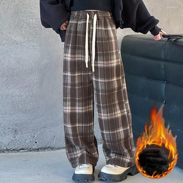 Pantaloni Pantaloni per ragazze adolescenti Pantaloni a gamba larga Pile invernale spesso caldo dritto per bambini Pantaloni sportivi per bambini scozzesi rossi casual