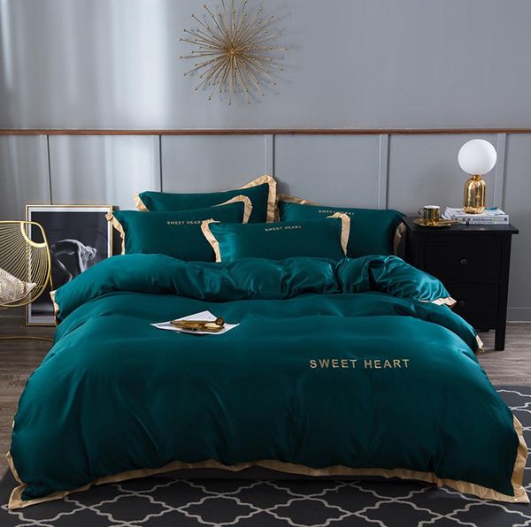 Oloey conjunto de cama de seda cetim luxo bordado conjunto cama cor sólida borda dourada capa edredão folha rainha rei tamanho rainha t2008227869392