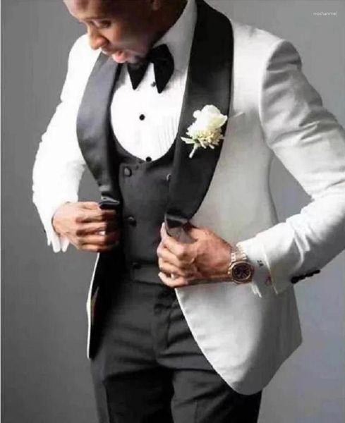 Abiti da uomo Bianco da sposa Uomo Slim Fit Sposo Groomsmen Party Terno Smoking per uomo Costume Homme Gilet e pantaloni neri 3 pezzi