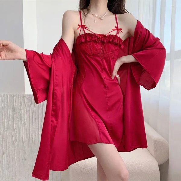 Robô de roupa de dormir feminino para casamentos de noiva Conjunto de renda Borgonha Women Women Kimono Bathrobe Summer Nightdress Satin Arming Gown Loungewear