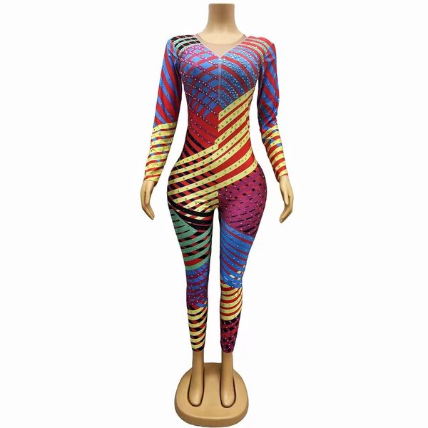 Sexy colorido strassonos macacões femininos acrobacias pólo dança colheita de leotard stage stripes listras elásticas dançarinas de macacão apertado gogos roupas de boate