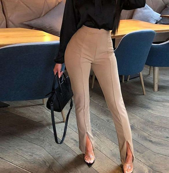 Designs mulheres sexy frente fenda lápis calças cor sólida cintura alta elegante casual escritório senhoras calças apertadas workwear preto whi