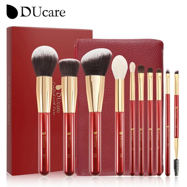 DUcare 10 Pz Set di pennelli per trucco rosso Ombretto in polvere Fondotinta Sopracciglio Contorno Miscelazione Pennelli per cosmetici maquillage con borsa 231220