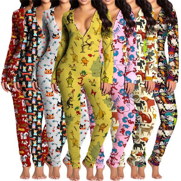 2024 Tasarımcı Xmas Tulumlar Kadınlar Noel Pijamaları Uzun Kol V Boyun Baskı Places Bodycon Scepers Nightwear Evde Giyim Toplu Toptan Kıyafetler 10461