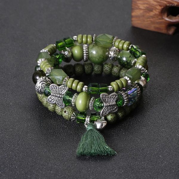 Charme Pulseiras 3 Pcs Boho Verde Natural Lava Pedra Pulseira Conjunto Mulheres Liga Borla Borla Pingente Pulseiras Pulseras Feminina