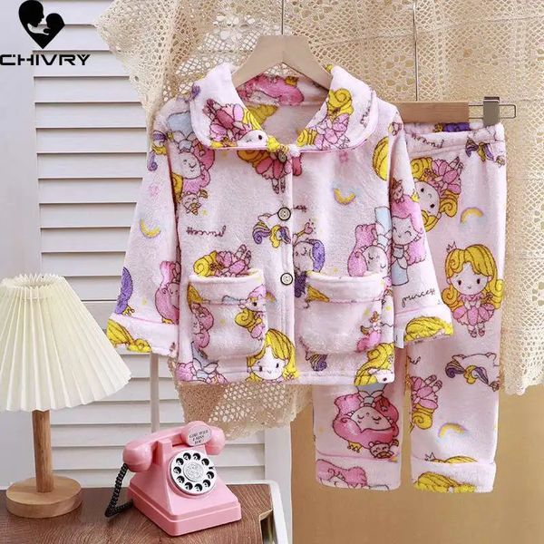 Autunno Inverno Bambini Addensare Caldo Pigiama di Flanella Neonati maschi Ragazze Cartoon Manica lunga Risvolto Set di abbigliamento Pigiama da notte 231220