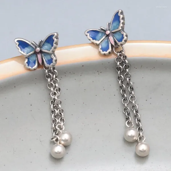 Stud Küpe Retro Mavi Kelebek Püskül Kadınlar İçin Asma 925 STERLING Gümüş Emaye Uzun Küpe Kulak Piercing
