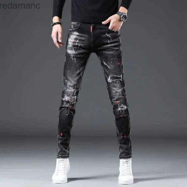 Jeans masculinos de alta qualidade masculinos manchas de jeans preto de jeans cor de tinta de tinta decors de decora de calças casuais elegantes calças de rua sexy; YQ231221