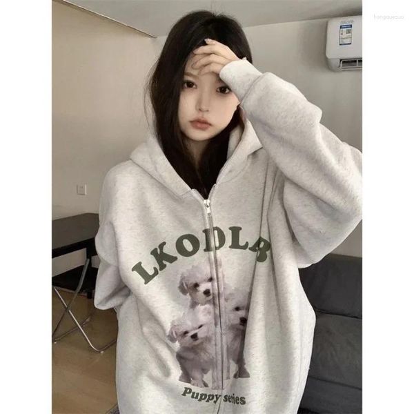 Hoodies femininos impressão de cachorro kawaii zip up hoodie coreano sudaderas com capuz topos feminino manga longa solta harajuku sweatshirts y2k americano chique