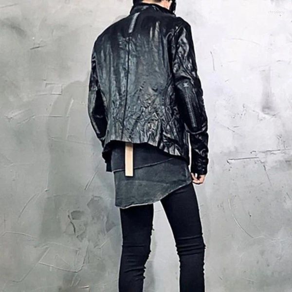 Мужские куртки темно-авангардной одежду в стиле панк-гот из ручной плиссированной кожаной куртки для кожи для мужчин и женского пальто