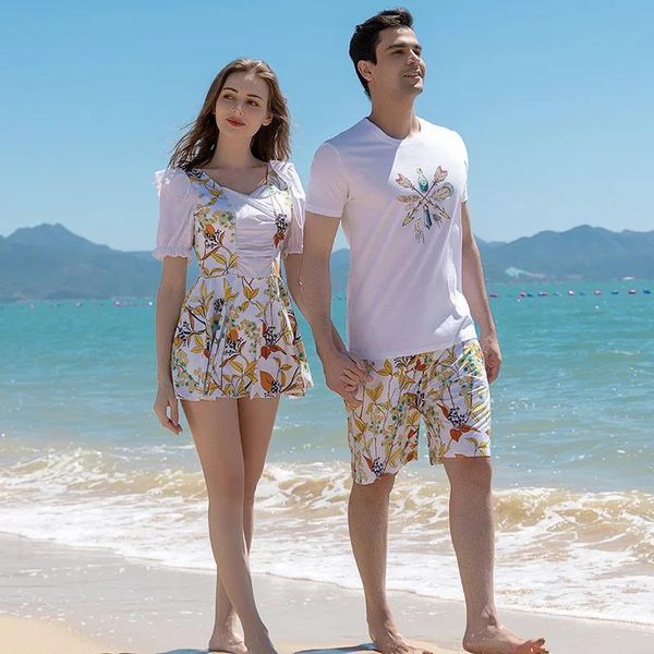 Fatos de treino verão casal à beira-mar férias banho de secagem rápida calças de praia dos homens novo onepiece saia feminina maiô