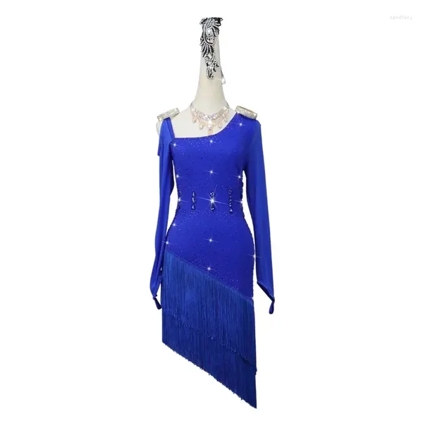 Abbigliamento da palco Abito da ballo latino blu Abito da ballo per pratica di lino Costume da ballo Costume da donna Gonna da sera con frange Abiti Ragazza Samba