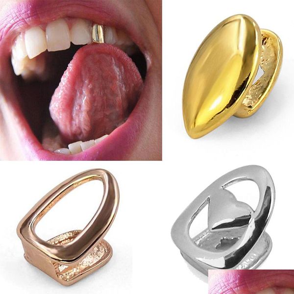 Grillz, Dental Grills 18K Echt Gold Hohl Einzelne Zähne Grillz Hosenträger Punk Hiphop Dental Mund Fang Grills Zahn Kappe Cosplay kostüm H Dhtfh