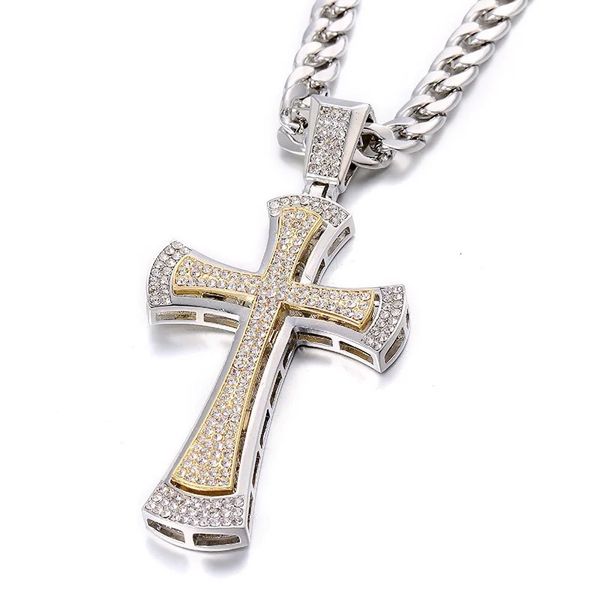 Caixas de jóias dupla camada enorme cross convexa arco pingente de bling para homens gelados em cadeia de zircão de hip hop estilo jóias colar de jóias 231220