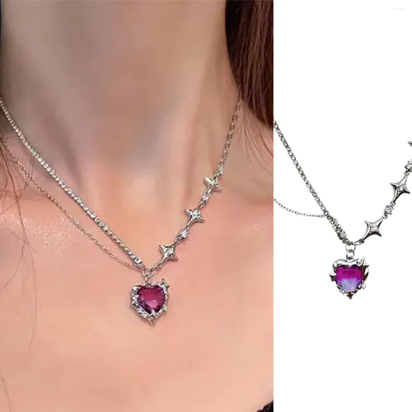 Anhänger Halsketten Kpop Lila Herz Halskette Punk glänzender Strassstern Asymmetrische Kette für Frauen Hals Y2K Schmuck Schmuck