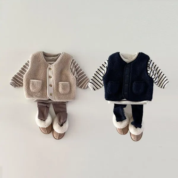 Set di abbigliamento set di vello da bambino inverno set casual set neonato cardigan gilet a righe top gambings da 3 peps più o velluto ragazzi ragazze calde abiti caldi