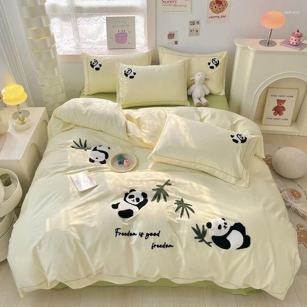 Bettwäsche-Sets, Baumwolle, Panda-Stickerei, weicher Bettbezug, elastisches Bettlaken, flache Kissenbezüge