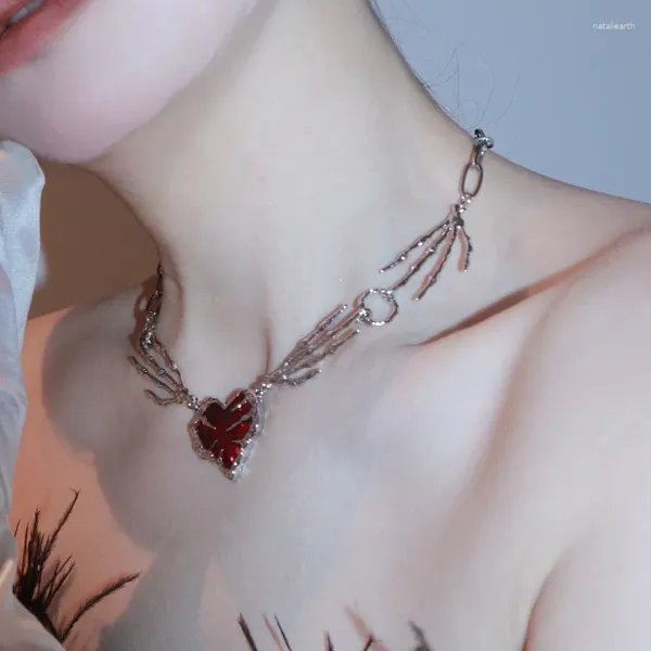 Ожерелья с подвесками, винно-красное сердце, шейная цепочка в стиле панк, преувеличенная цепочка на воротник, коготь призрака, темно-черный дизайн, женские украшения
