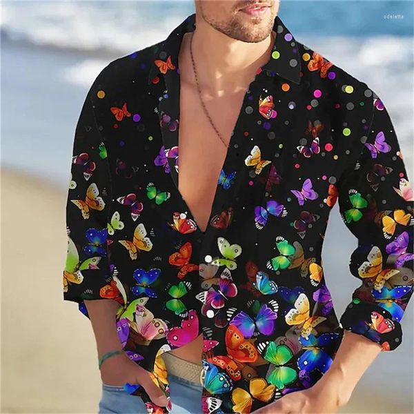 Chemises décontractées pour hommes Chemise de mode Papillon hawaïen Impression 3D Ruby Manches longues Vêtements de plage à simple boutonnage