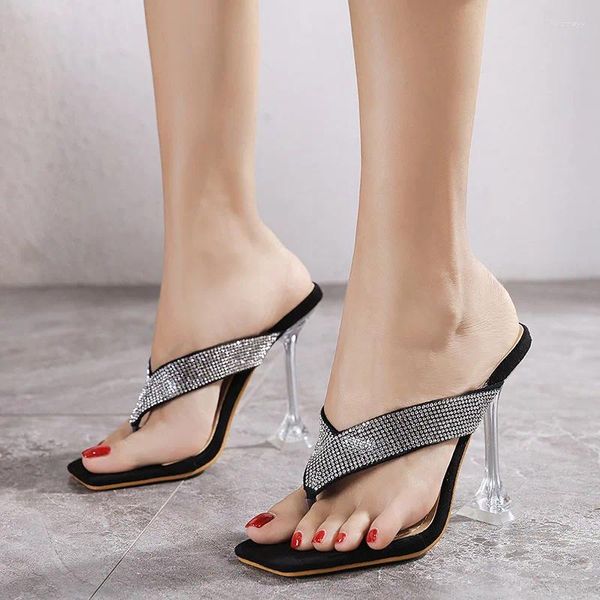 Chinelos verão mulheres moda sandálias dedo do pé aberto cristal sapatos de salto alto transparente diamante 9cm bombas flip flop