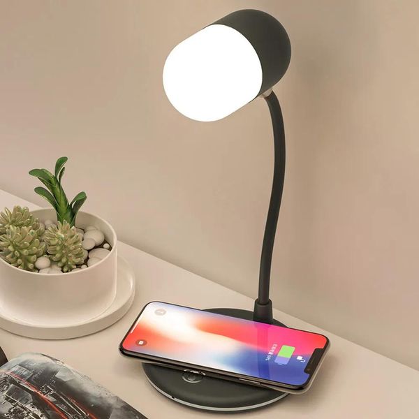 Altoparlanti Lampada da scrivania a LED flessibile 3 in 1 Ricarica USB con caricabatterie wireless Lampada da tavolo con altoparlante Bluetooth Smart Touch Dimmer Illuminazione telefono c