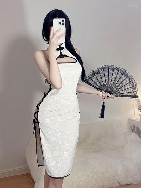 Vestidos casuais mulheres sexy tiras tentador china estilo lateral fenda escavada pelúcia longo cheongsam vestido uniforme laço romântico 6s2v