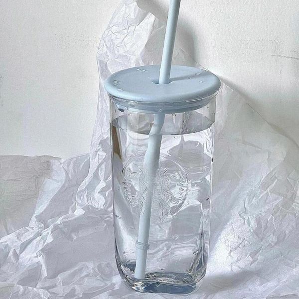 Weingläser 2023 Glacier Blue Glasbecher Dreieck Boden Stroh Kaffeetasse Blumendeckel Transparente Seewassergrenze Geschenke