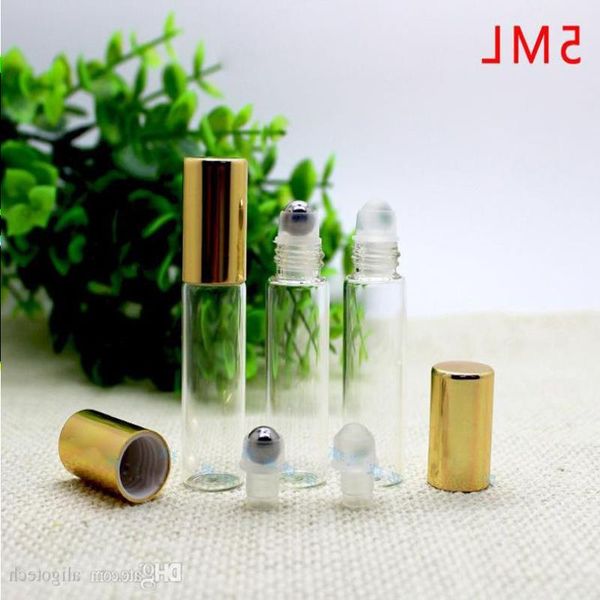 Großhandel 1100pcs 5 ml klare Rolle auf Rollenflasche für Glasöle Roll-on-nachfüllbare Parfümflasche mit goldener Kappe kostenlos DHL Shi PBMX