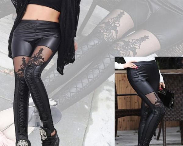 Hochwertiger punk schwarzer Kunstleder Gothic Spitzenbein Frauen Verband Schnürung Leggings Hosen Hosen 2104176992763