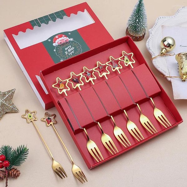 Geschirrsets 4/6pcs Weihnachtslöffel Gabel Geschenke feststeht Festtabelle mit dem Anhänger Golden Pentagram Dessert Urlaubsgeschenk