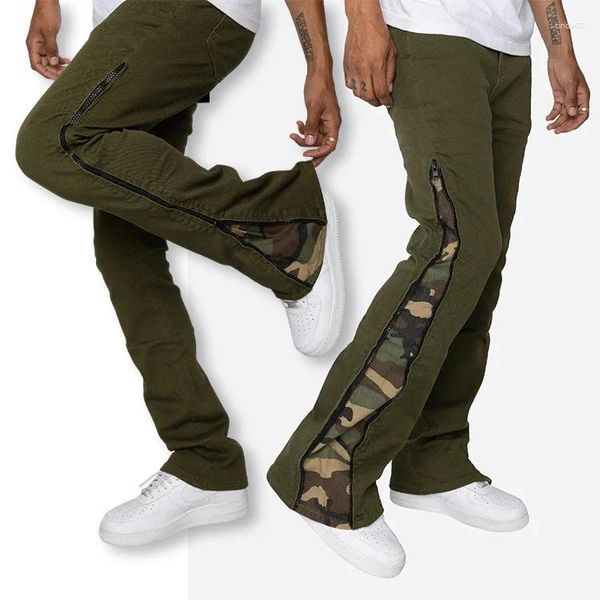 Calças masculinas vários estilos jeans flare têm detalhes de zíper lateral fino camuflagem impressão contraste homens