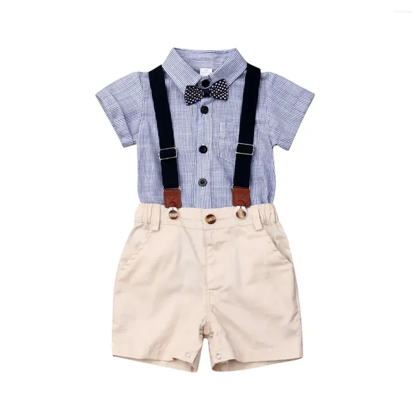 Conjuntos de roupas nascidos bebê menino roupas conjunto manga curta listrado laço macacão suspender shorts macacão 2pcs verão cavalheiro terno 0-24m