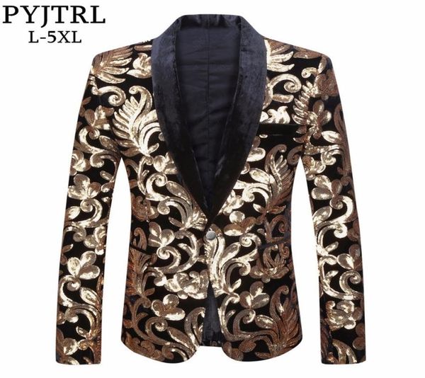 Pyjtrl Men Shawl Lapela Blazer Designs Plus Size 5xl Black Velvet Gold Flowers LEXINS JAPETA DJ CLUBE CLUBE DOME