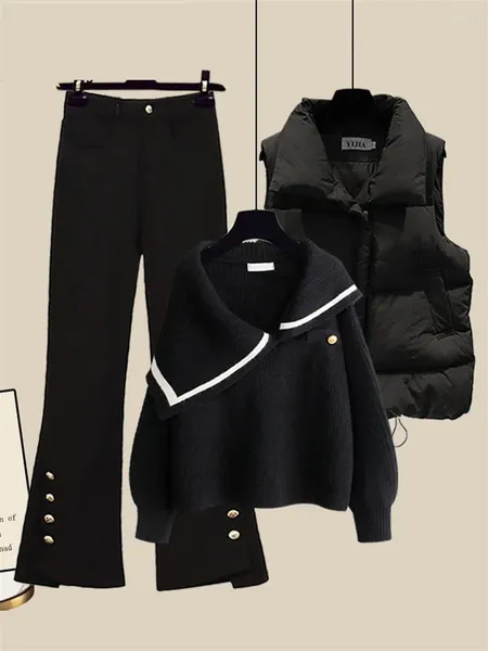 Женские брюки, осенне-зимние теплые комплекты для женщин, вязаный свитер с вырезом в горловине, жилет-парка, расклешенная пуговица, женский наряд из трех предметов