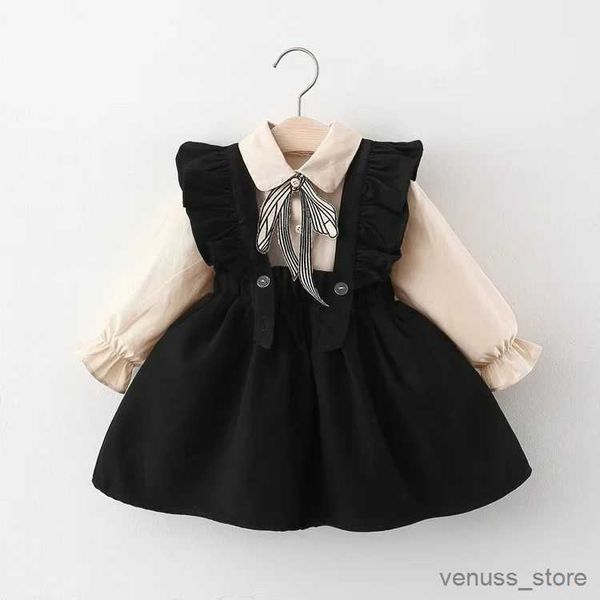 Vestidos de menina Princesa recém -nascida bebê menina bebê bowknot infantil use novo outono garotas de suspensa vestidos de mangas compridas camisa dois vestidos