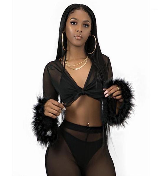 Tumblr sexy see through pantaloni streetwear rosa tracce di tute in maglia costume autunno costume a due pezzi set a manica lunga fluffy crop top e5912589