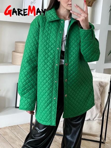 Autunno leggero Parka invernale da donna sottile verde manica lunga con bottoni oversize elegante giacca trapuntata in cotone kaki da donna caldo risvolto 231221