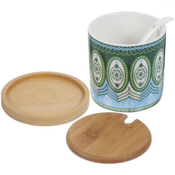 Geschirrssets Keramik -Gewürzglässe Vorspannungsglässe mit Deckel Salzschalen Behälter Bambus Zucker