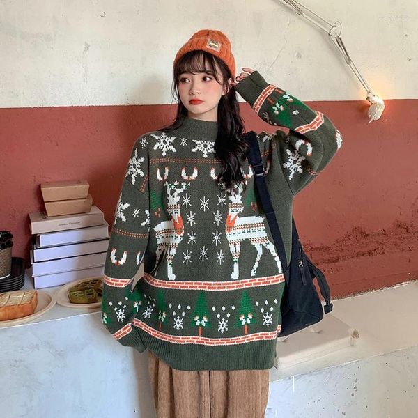 Suéteres femininos de malha suéter meia gola alta manga comprida oversized vintage vermelho ano natal solto pulôver jumpers