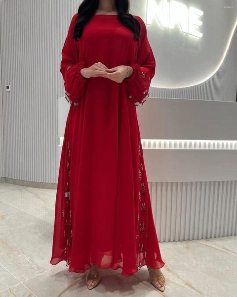 Parti Elbiseleri Kırmızı Şifon Resmi Olay Balo Boncuklu Elbise Ayak Bileği Uzunluğu Özel Ziyafet Kulübü Vestidos De Fiesta Gece Elbise
