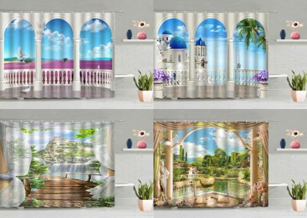 Rideaux de douche Style européen paysage rideau océan cascade forêt fleur feuilles vertes plante paysage naturel baignoire écran W7733035