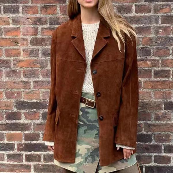 Jaqueta de couro feminina vintage marrom criança camurça para mulheres 2024 alto sentido solto terno de grandes dimensões blazer feminino casaco casual streetwear