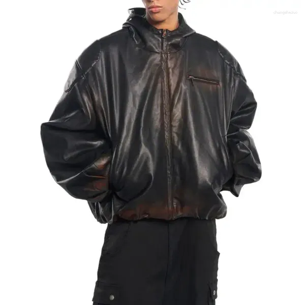 Мужские куртки, модная уличная стирка, цветная искусственная кожа, хлопковая куртка для тяжелой промышленности, пуловер с капюшоном, мужская толстовка