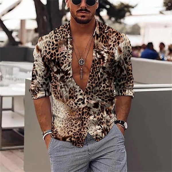 Camisas casuais masculinas verão moda leopardo impressão camisa manga longa top verde roxo cinza ao ar livre material de alta qualidade polo pescoço