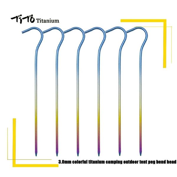 Abrigos Tito Titanium Tent Store 8pc/12pcs 3,0mm Liga colorida de titânio Camping Outdoor Titanium tenda peg bend head titanium tenda unha