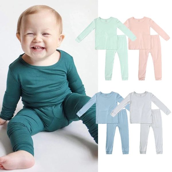 Bambusfaser für Kinder Pyjamas Solide Langarm Hosen Atmungsaktive Nachtwäsche Kleidung Kleinkind Junge Mädchen Loungerwear Outfits 231220